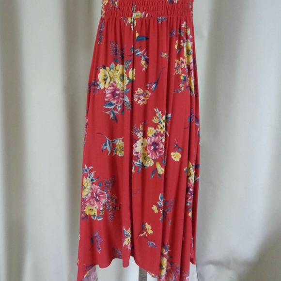 NEVENA RAE RED FLORAL OFF SHOULDER SMOCK TOP MIDI HANDKERCHEIF SKIRT DRESS SZ L - Picture 2 of 4